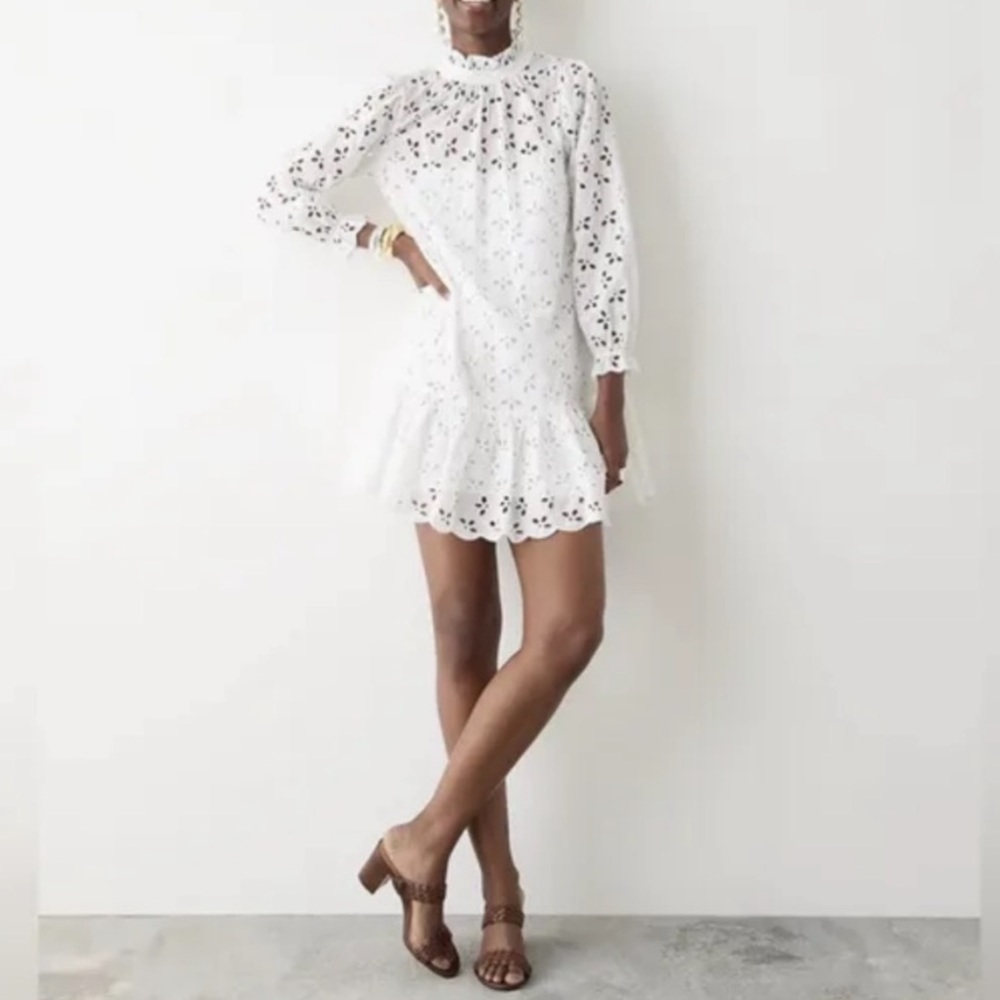J. Crew Elegant White Eyelet Long Sleeve Dress